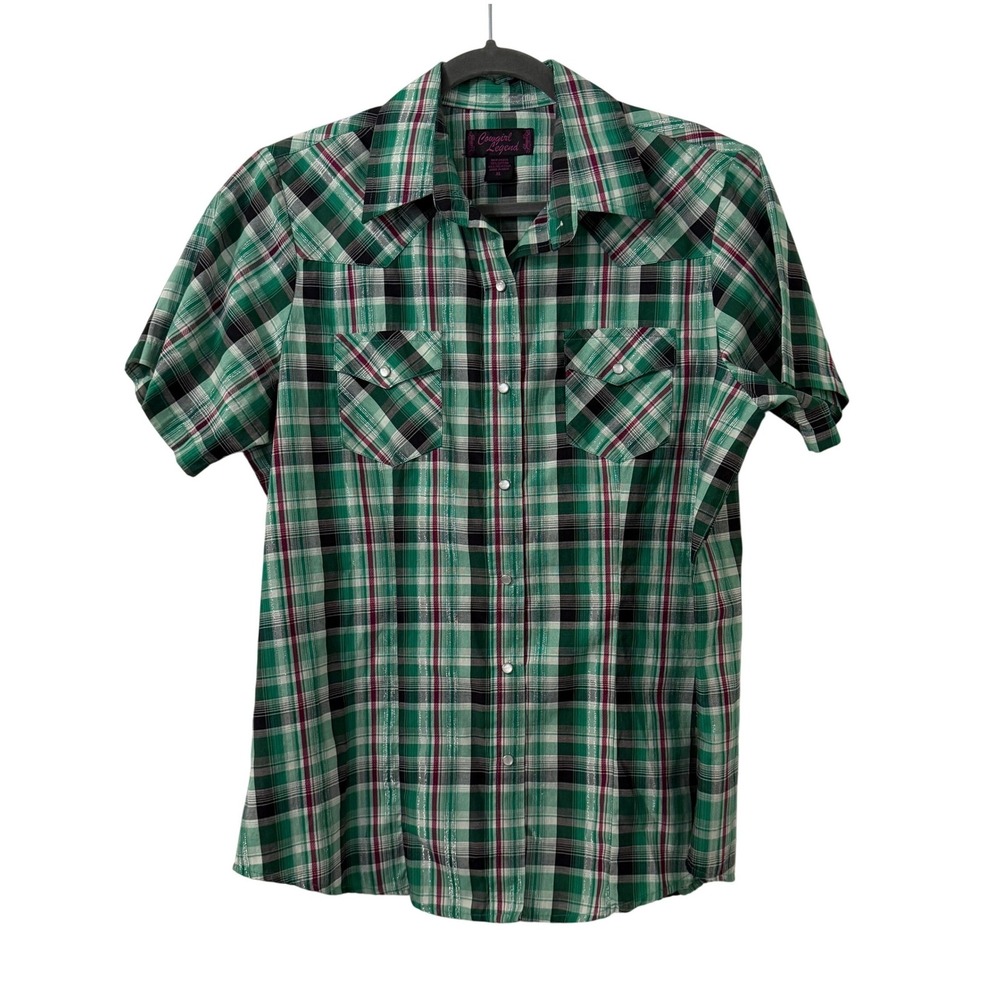 Cowgirl Legend Womens XL Green Plaid Pearl Snap Short Sleeve Western Shirt